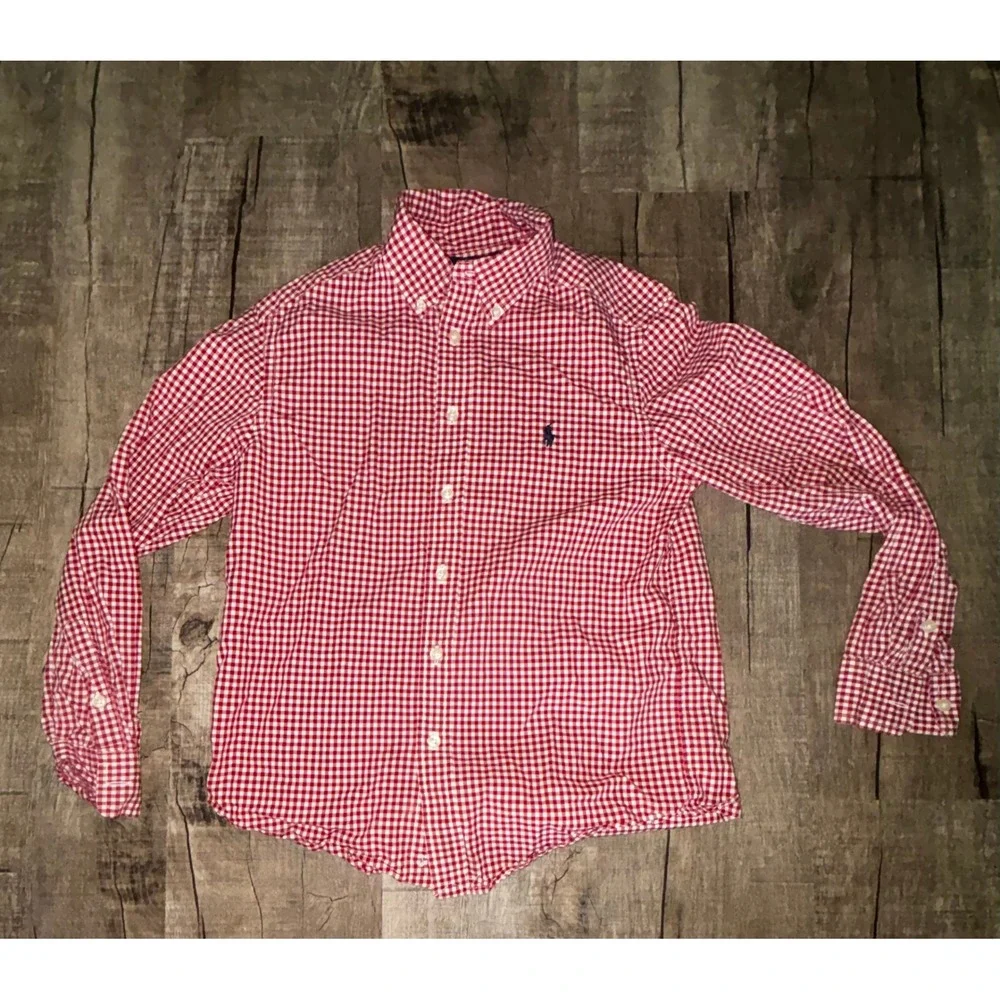 Ralph Lauren Boys Red White Gingham Button Down Shirt Long Sleeve Size M 10-12